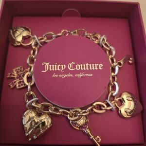 Juicy Couture NIB Gold and Pink Charm Bracelet with Hearts, Bow, and Key